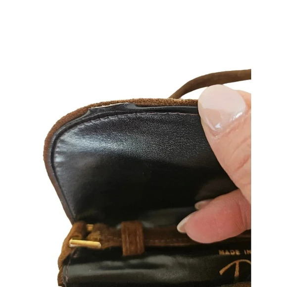 Made In Italy Shoulder bag Cognac Brown Suede Leather Structural Rectangle Purse - Picture 4 of 8